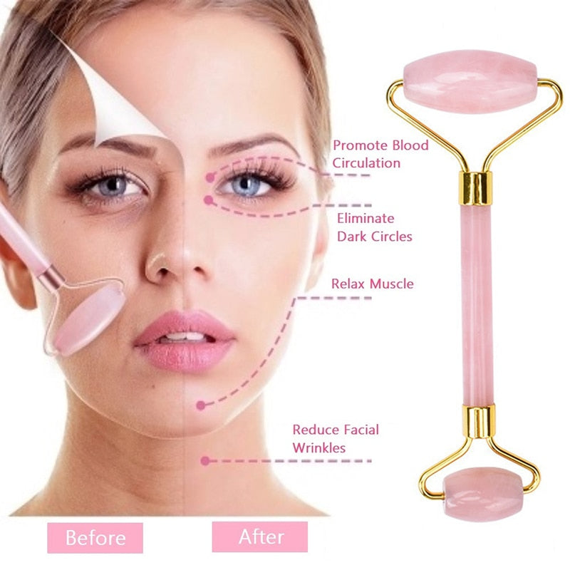 Rose Quartz Massage Face Roller Set  Facial Lifting Beauty Slimming Roller