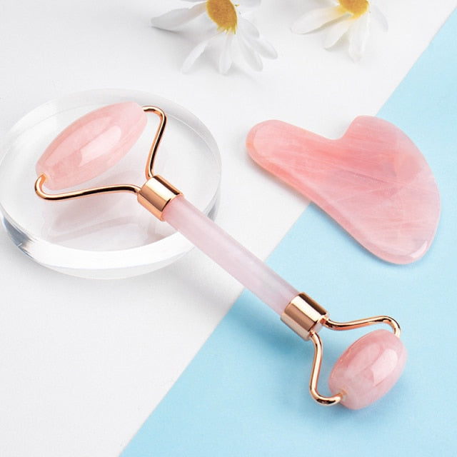 Rose Quartz Massage Face Roller Set  Facial Lifting Beauty Slimming Roller