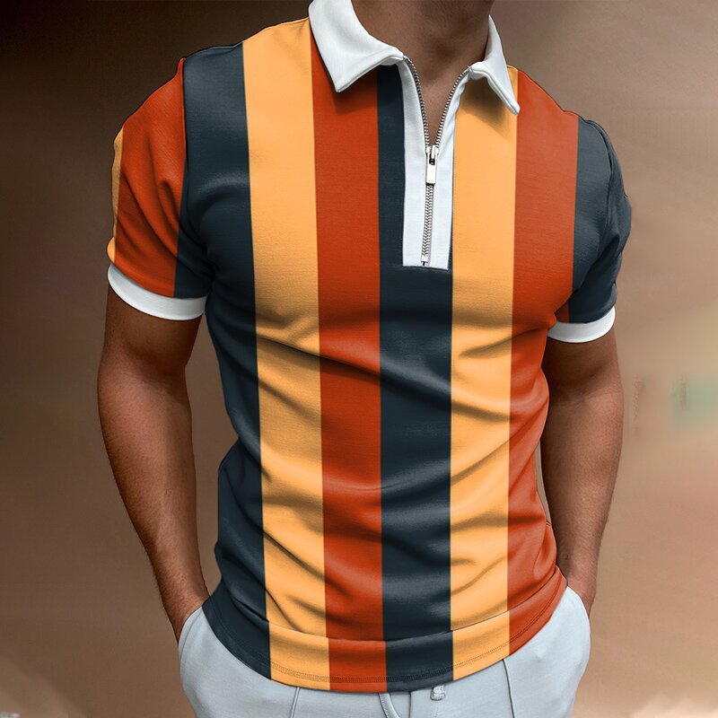 2021 Summer Fashion Striped Patchwork Short Sleeve Tops For Men Slim Polo Shirt Casual Men's Turn-down Collar Zip-up Polo Shirts