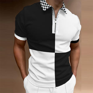 2021 Summer Fashion Striped Patchwork Short Sleeve Tops For Men Slim Polo Shirt Casual Men's Turn-down Collar Zip-up Polo Shirts