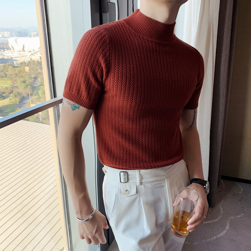 Autumn New Short Sleeve Knitted Sweater Men Clothing 2021 All Match Slim Fit Stretched Turtleneck Casual Pull Homme Pullovers