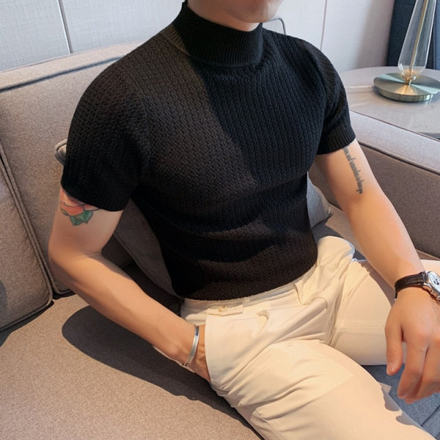 Autumn New Short Sleeve Knitted Sweater Men Clothing 2021 All Match Slim Fit Stretched Turtleneck Casual Pull Homme Pullovers