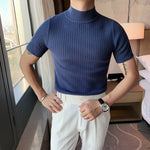 Autumn New Short Sleeve Knitted Sweater Men Clothing 2021 All Match Slim Fit Stretched Turtleneck Casual Pull Homme Pullovers