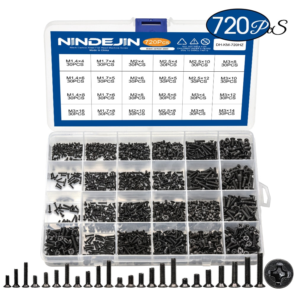 720pcs countersunk flat head phillips small mini screw set m1.4 m1.7 m2 m2.5 m3 carbon steel computer notebook laptop screws kit