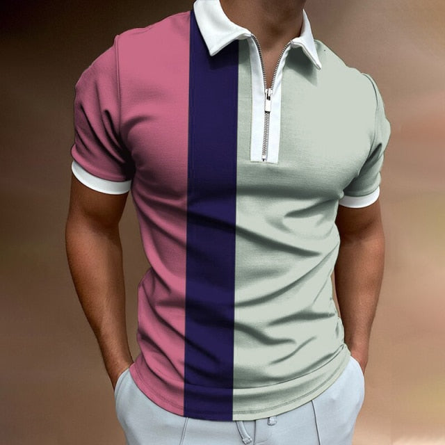 2021 Summer Fashion Striped Patchwork Short Sleeve Tops For Men Slim Polo Shirt Casual Men's Turn-down Collar Zip-up Polo Shirts