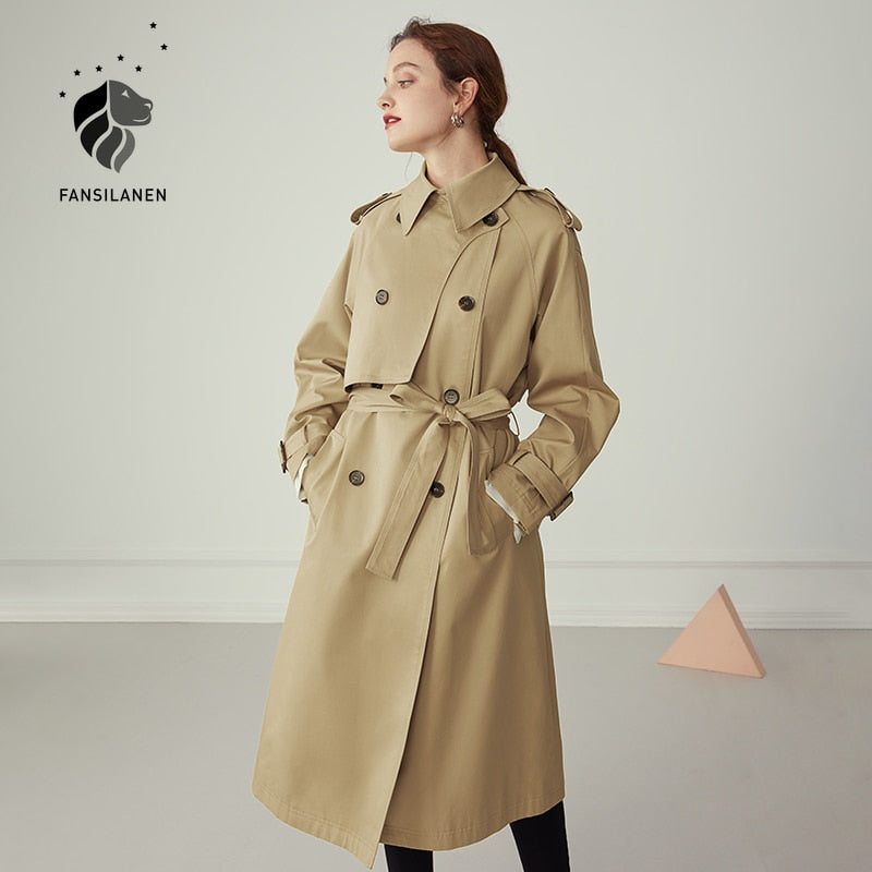 FANSILANEN 100% Cotton Khaki Long Women Trench Coat Autumn Winter Turn Down Collar Women Clothes Causal Full Sleeve Belt Trench