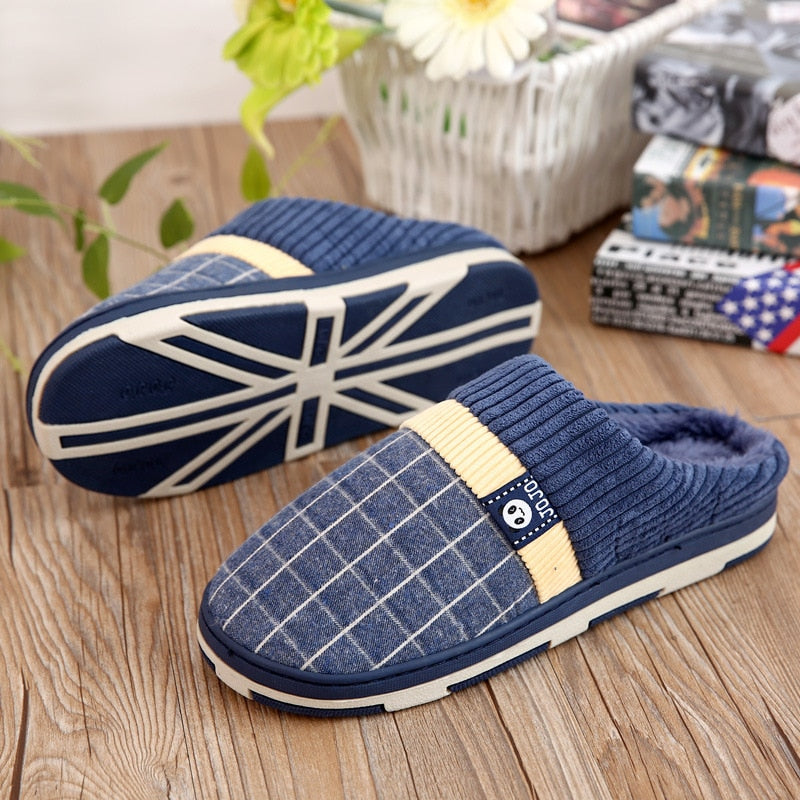 Winter Home Floor Slippers For Men Trend Checkered Pattern Male Indoor Platform Plush Slides NonSlip Couples Bedroom Furry Shoes