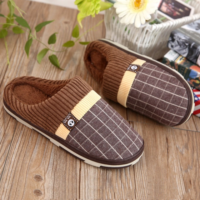 Winter Home Floor Slippers For Men Trend Checkered Pattern Male Indoor Platform Plush Slides NonSlip Couples Bedroom Furry Shoes