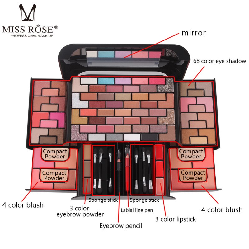 MISS ROSE  Eyeshadow Lipstick Make Up Kit Multifunctional Cosmetic Tool